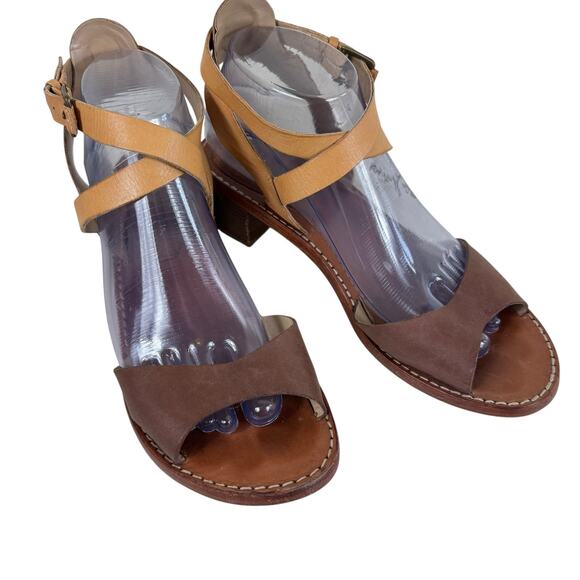 Via Spiga Leather Two Tone Strappy Wooden Heeled Open Toe Sandals Women's Size 9 - Picture 1 of 7
